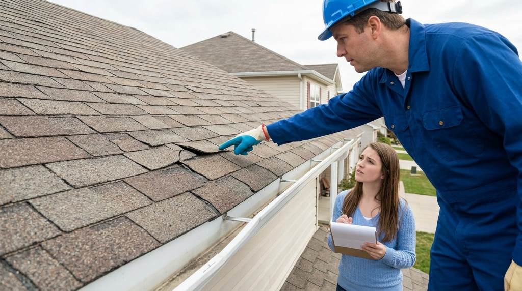 Happy homebuyers finalizing agreement on roof repair concessions