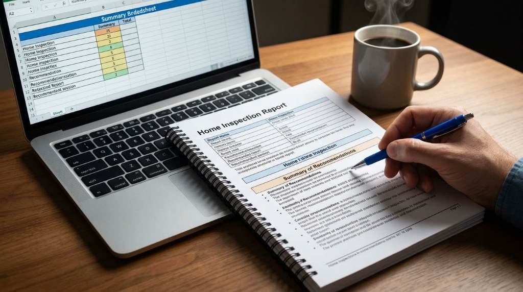 Real estate agent and buyer reviewing inspection findings before closing