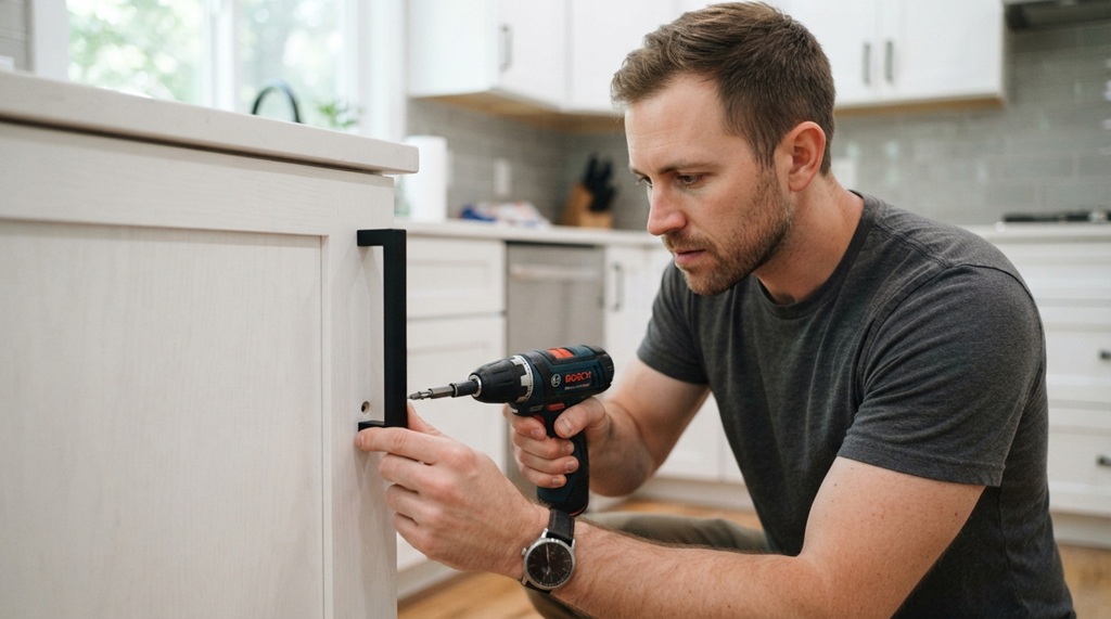 Man installing modern door hardware to improve home condition for appraisal.