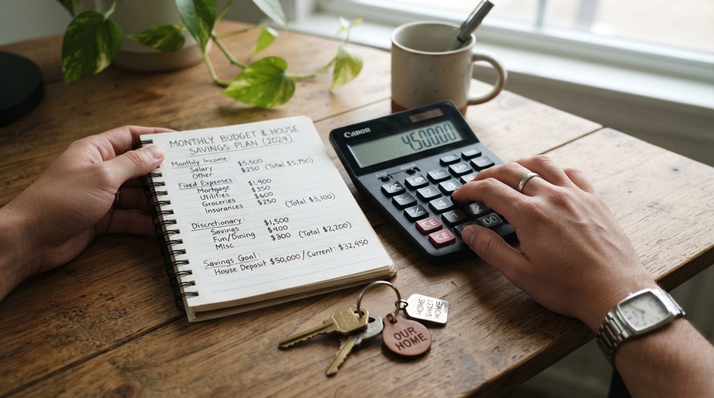 Hands using a calculator to plan a monthly house hunting budget.