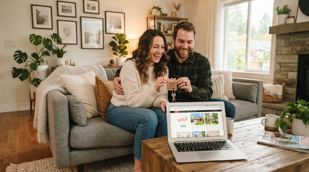 Happy couple reviewing instant mortgage approval confirmation on laptop.