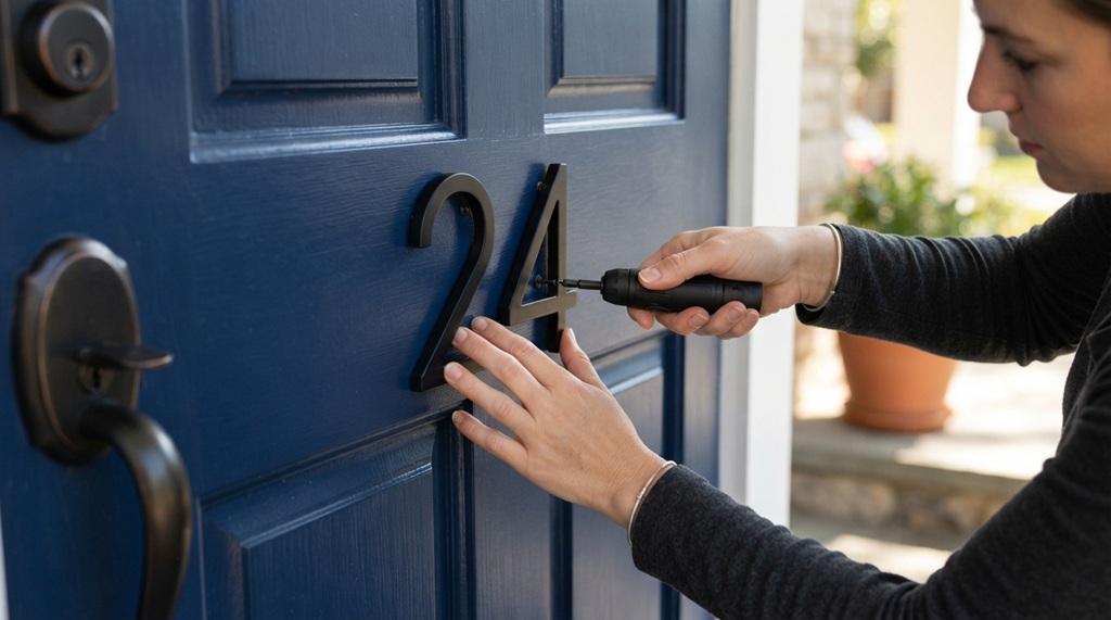 Person installing new modern house numbers on a painted front door.