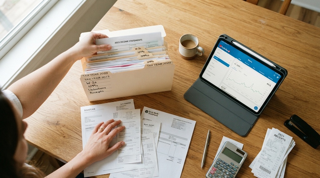 Person organizing income tax papers for fast mortgage pre-approval prep.