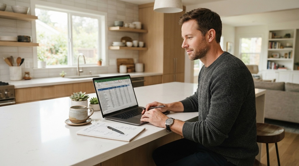A man using a laptop at his kitchen table to plan his home budget.