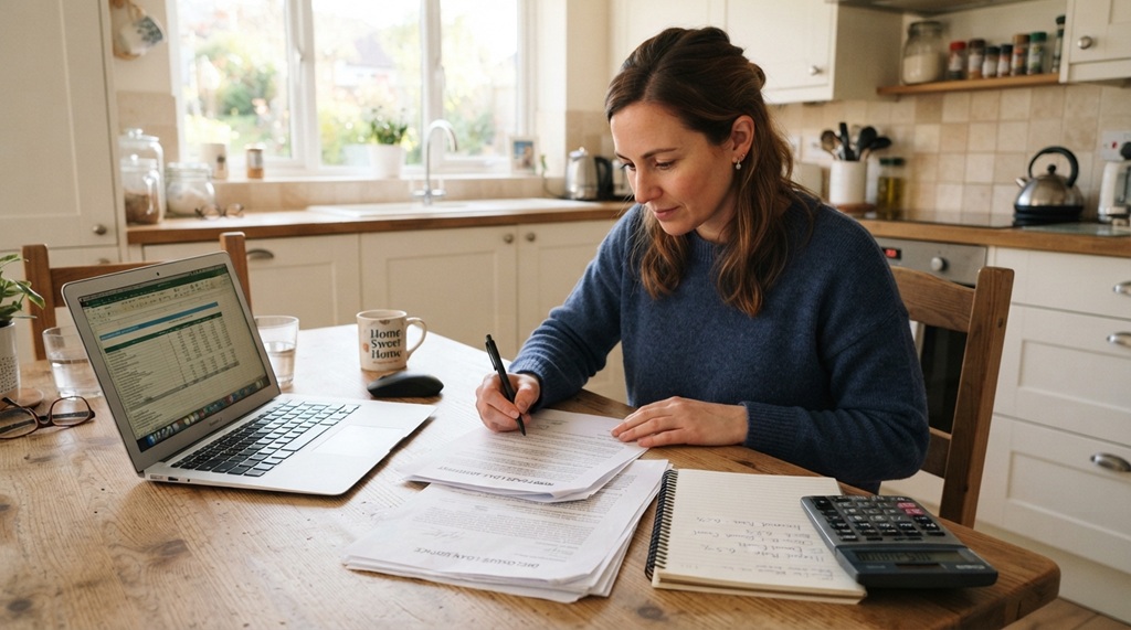 Person using calculator and laptop to plan budget for home purchase.