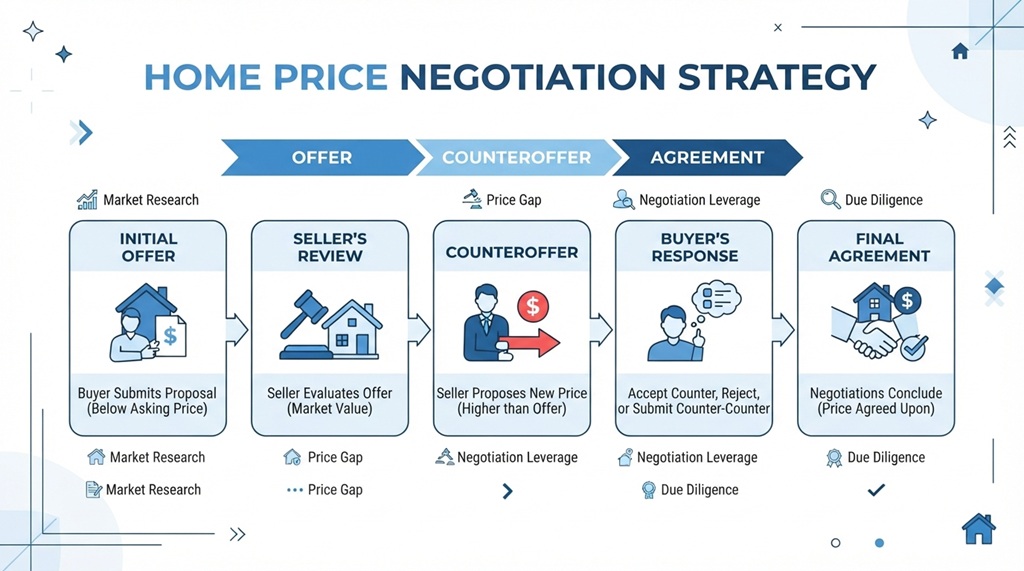 An infographic diagram showing real estate negotiation tactics and price counteroffer strategies.