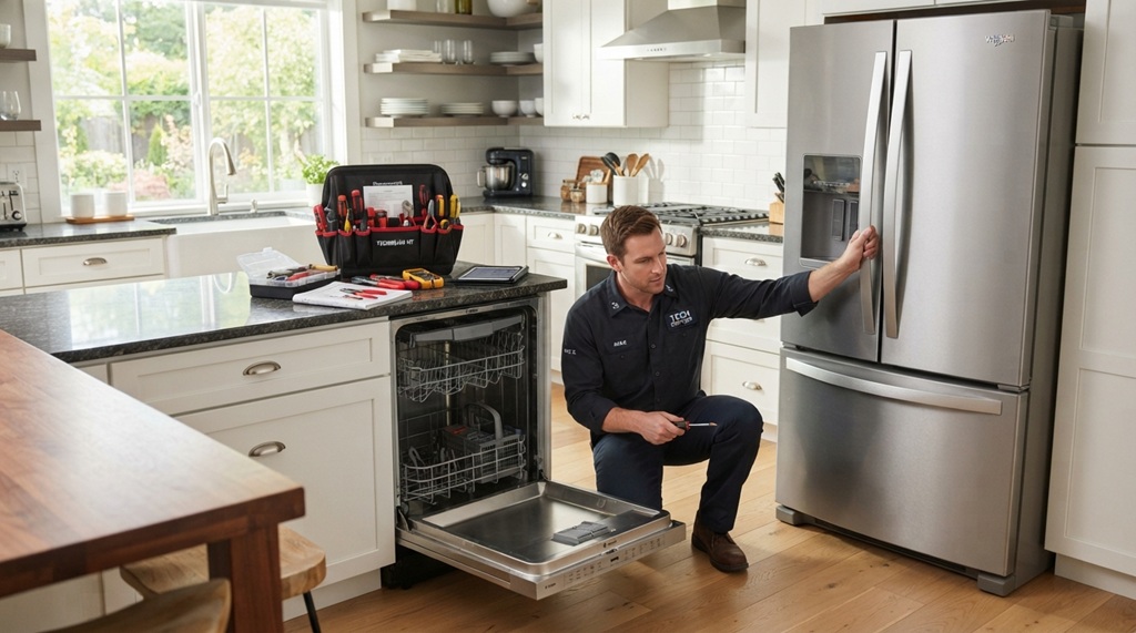 A male technician inspecting kitchen appliances with a toolkit on the floor.