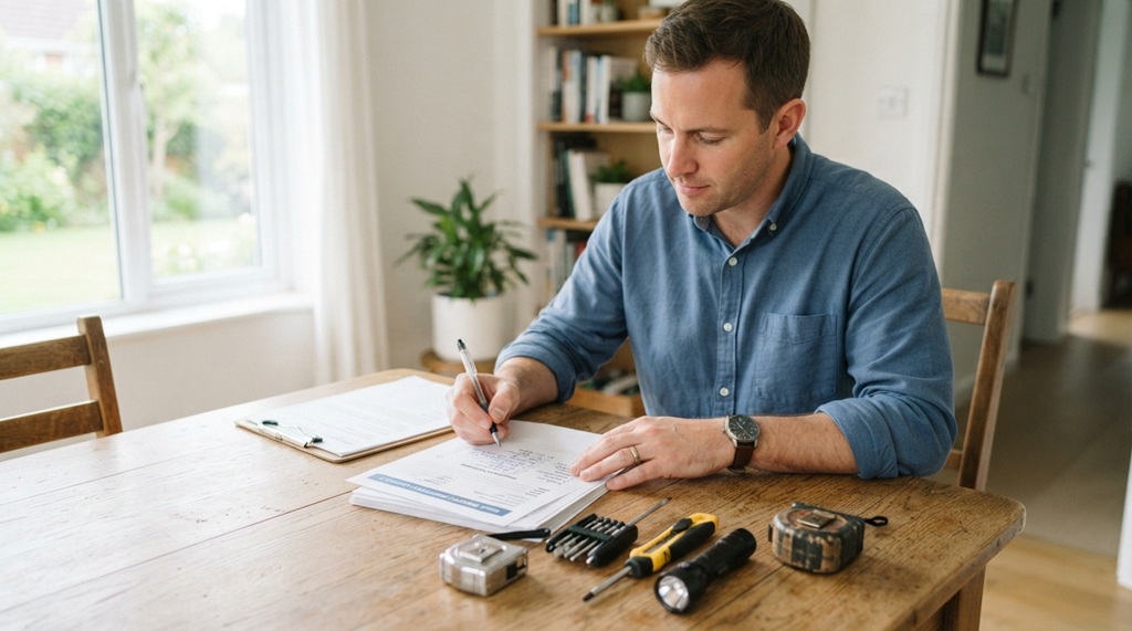 Man reviewing home inspection checklist on table near house repair tools.