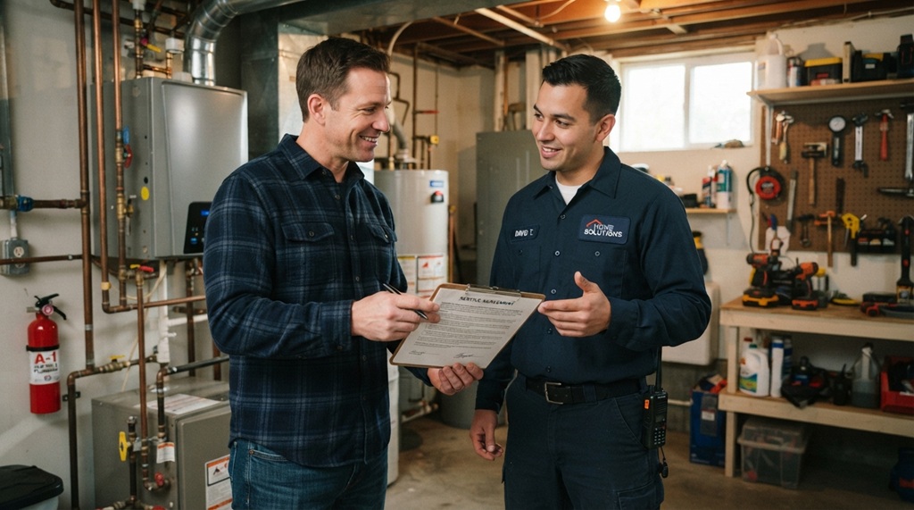 A male homeowner discussing service agreement terms with an HVAC contractor indoors.