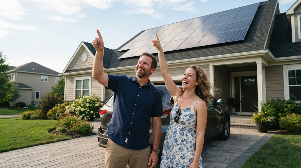 Homeowners stand in driveway looking at their new rooftop solar panel system.