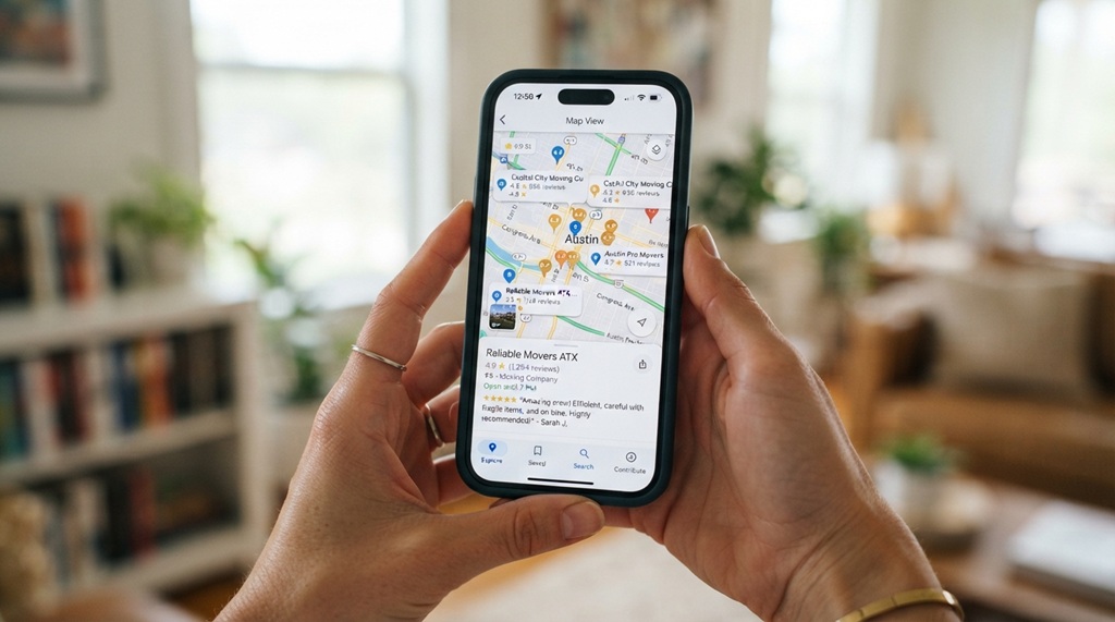 A person holding a smartphone searching for rated moving companies nearby.