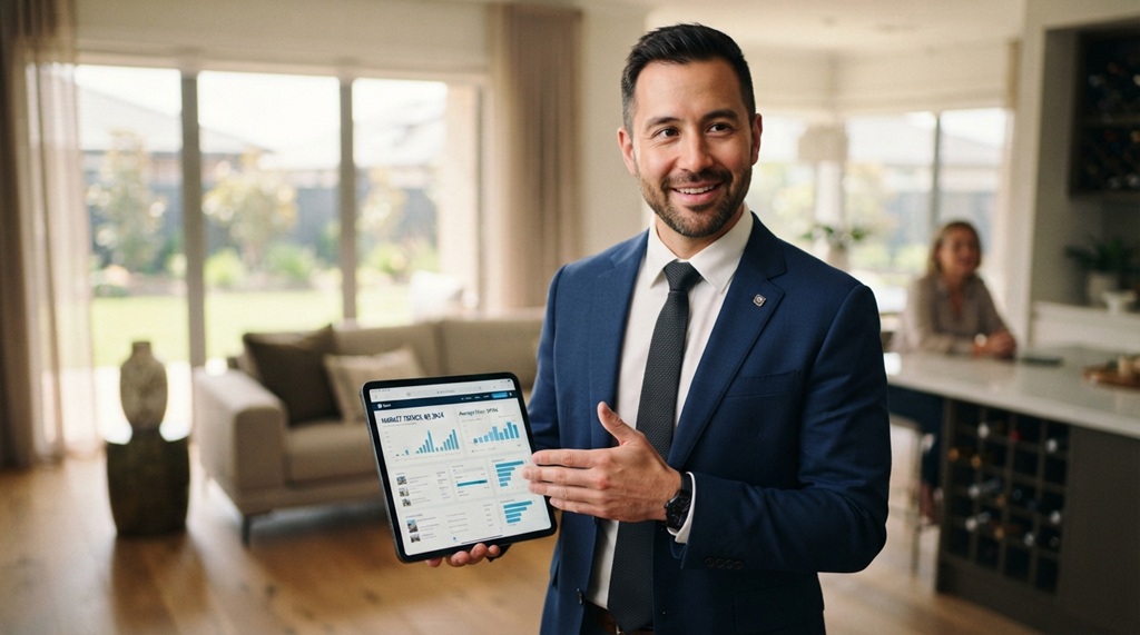 Male real estate agent displaying housing market data on tablet.