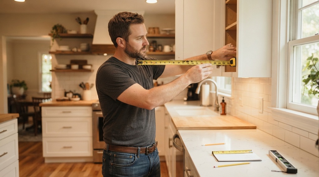 A man using a tape measure to plan kitchen cabinet renovation updates.