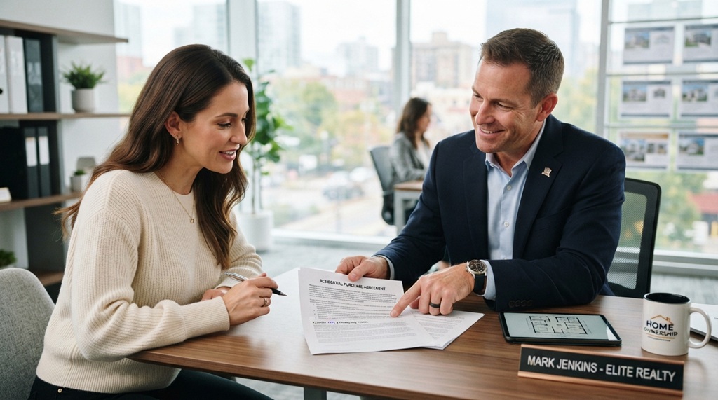 Male real estate agent reviewing home buying documents with client.