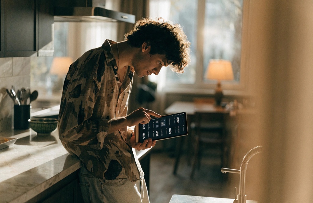 A man standing in a modern kitchen using a tablet to compare security settings.