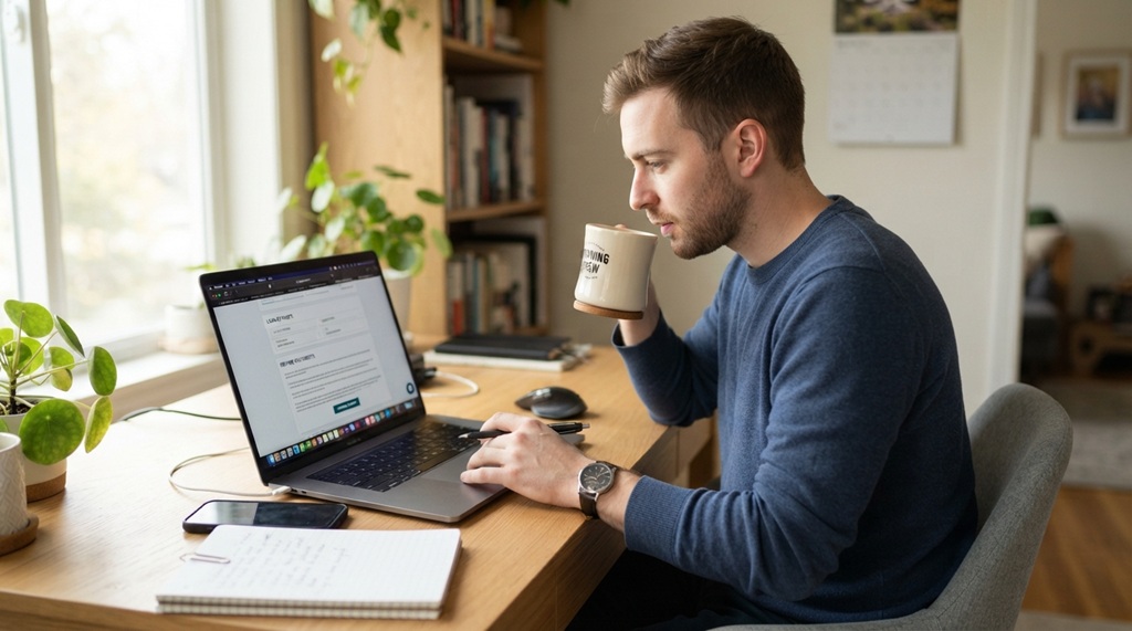 A man reviewing home mortgage paperwork on a laptop at his desk.