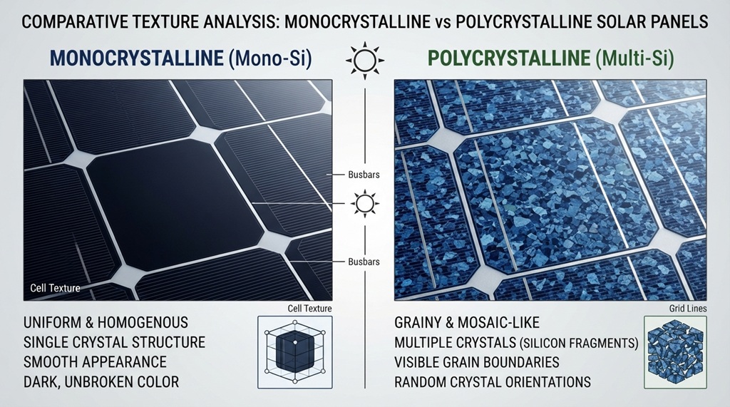 Side-by-side view comparing dark monocrystalline and blue polycrystalline solar cell textures.