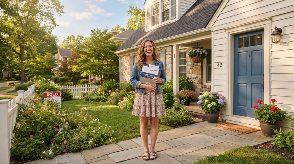 A home buyer standing outside a modern suburban house holding financial paperwork.