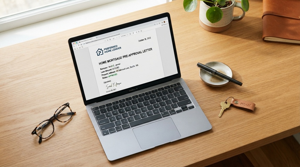 A laptop displaying a mortgage pre-approval letter next to house keys on a desk.