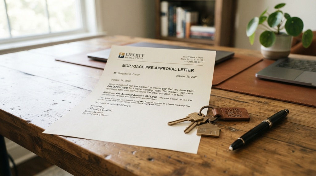 A mortgage pre-approval letter on a desk next to house keys and pen.