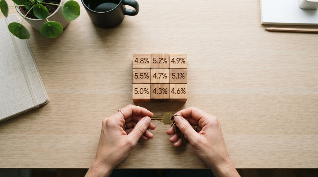Hands organizing mortgage percentage blocks next to house keys.