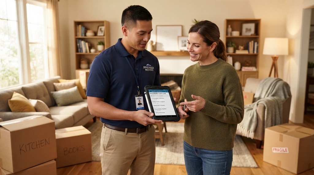 A male mover reviewing a digital checklist with a female homeowner indoors.