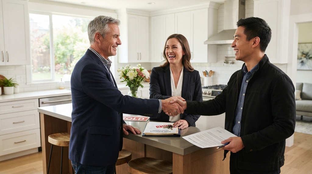 Female real estate agent shaking hands with a male buyer in a kitchen.