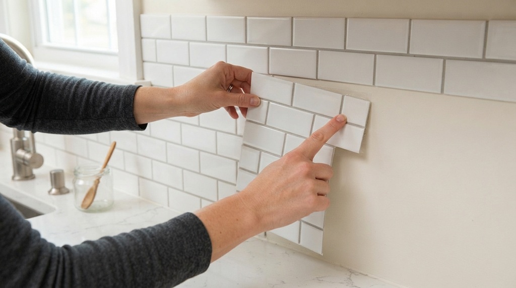 Hands applying modern peel and stick backsplash tiles in a kitchen.