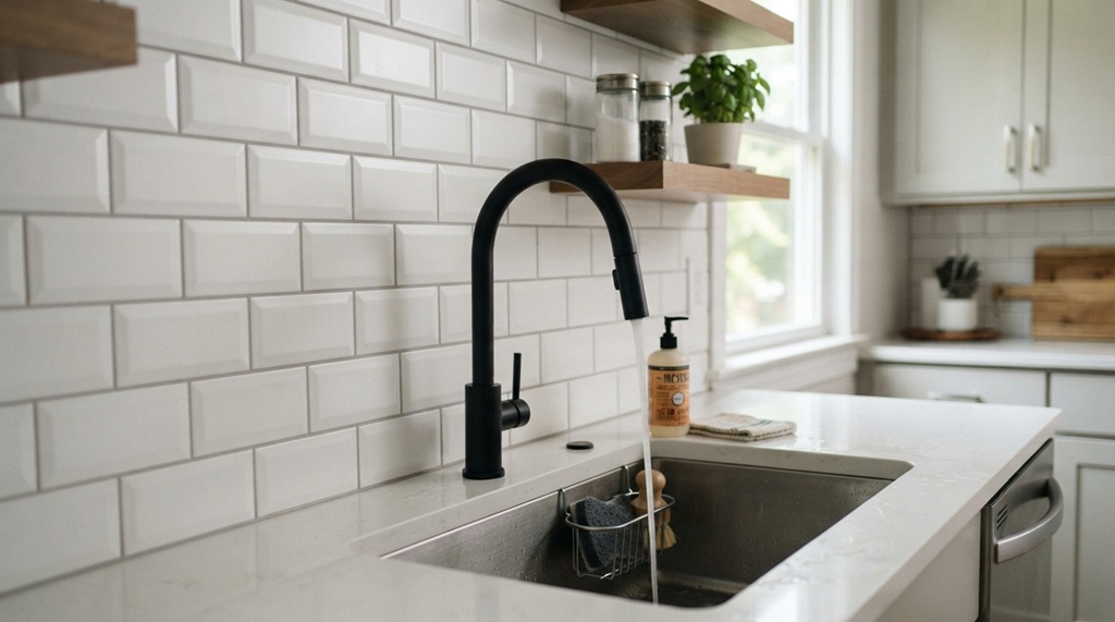 Faux subway peel and stick backsplash installed behind stainless steel kitchen faucet.
