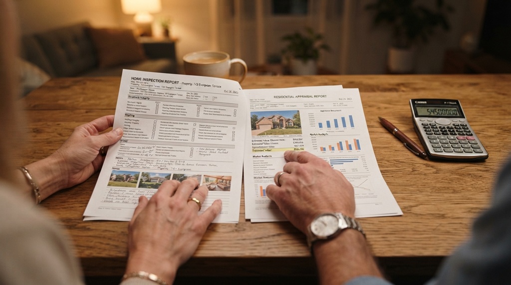 A buyer reviewing real estate appraisal and inspection documents with pen and calculator.