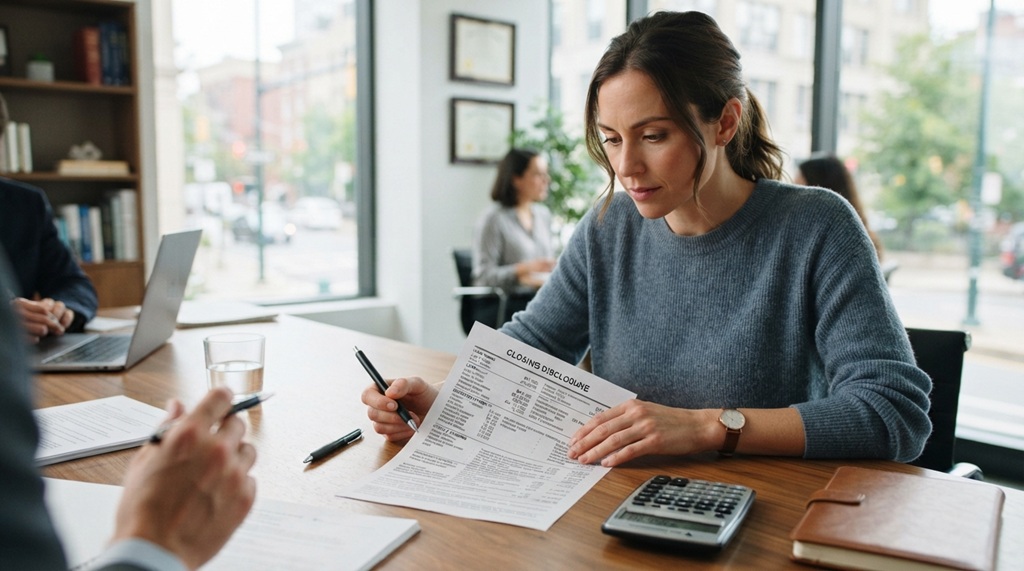 Man reviewing a closing fee statement with a pen and calculator on the desk.