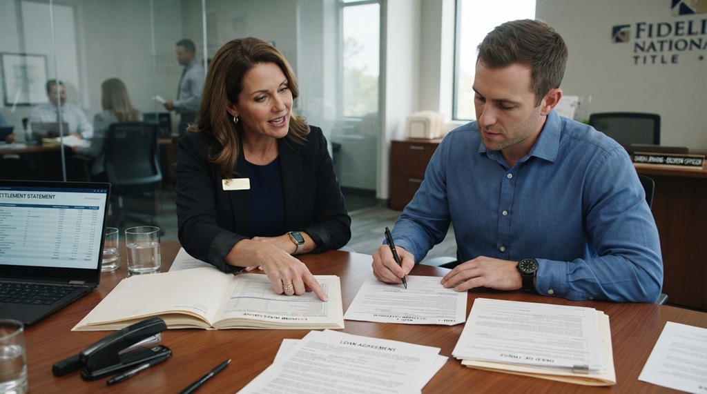 Man signing home closing cost paperwork next to a female escrow agent.