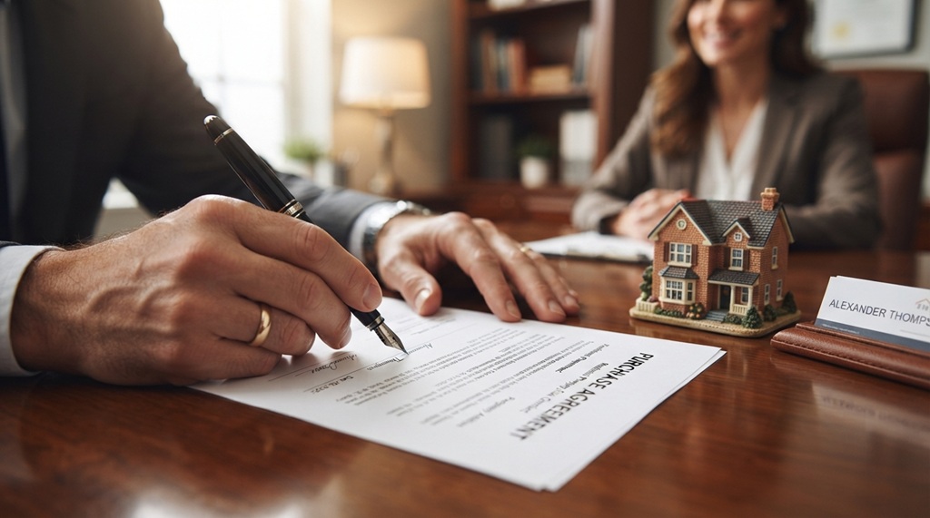 Hands signing a house purchase agreement contract with a pen.