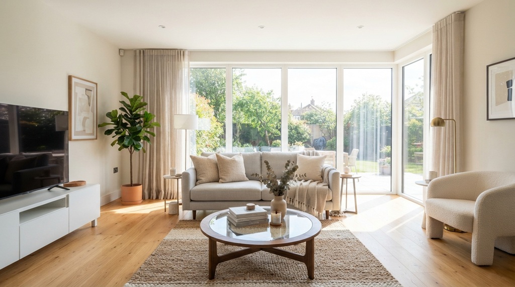 Brightly lit staged modern living room with neutral decor and clean furniture.