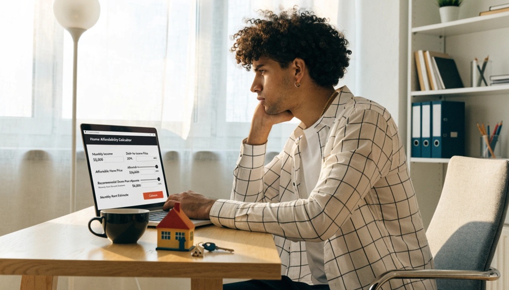 A man using a laptop to calculate home affordability options.