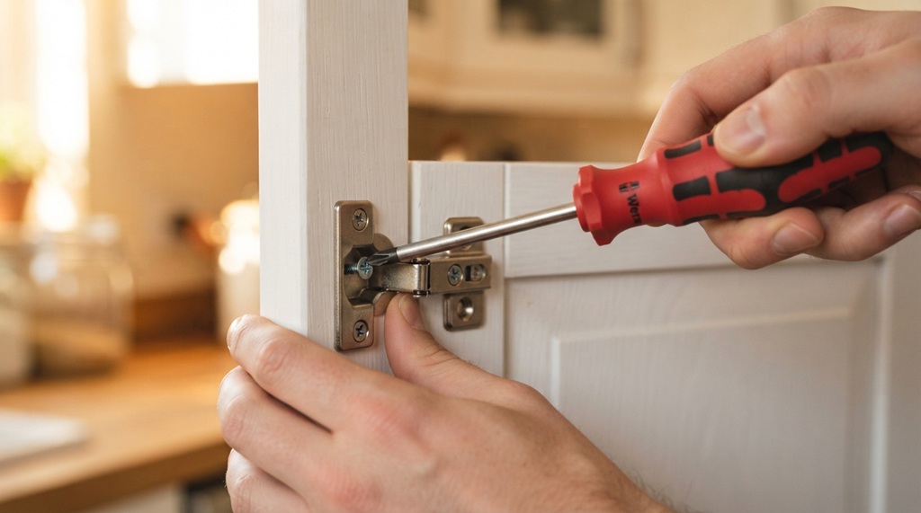 Homeowner tightening loose cabinet hinge screws using hand screwdriver.