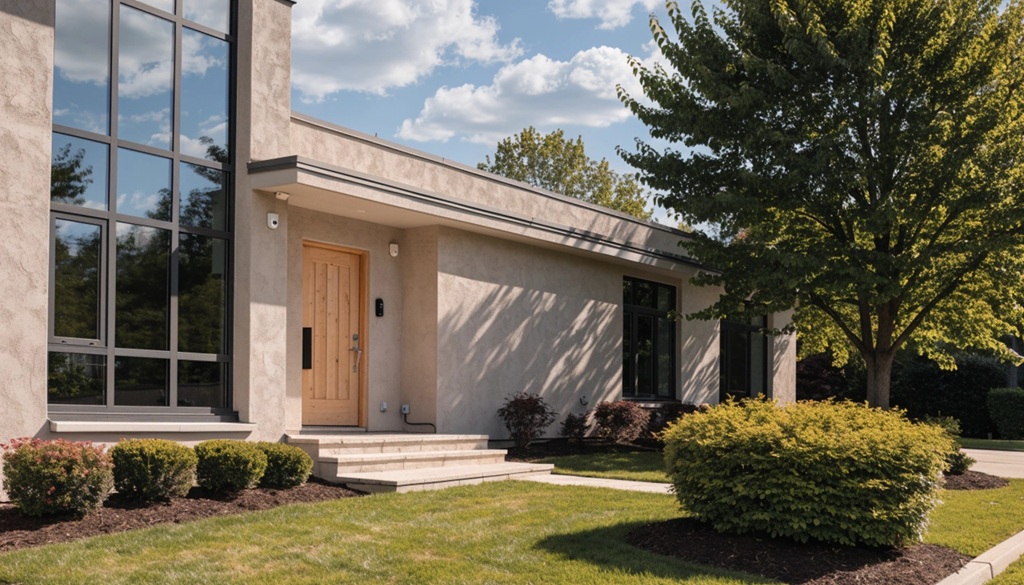 A suburban house exterior featuring a smart home security system at the front door.