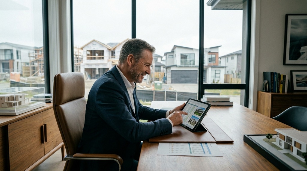 Male investor examining property deal metrics on a tablet in an office.