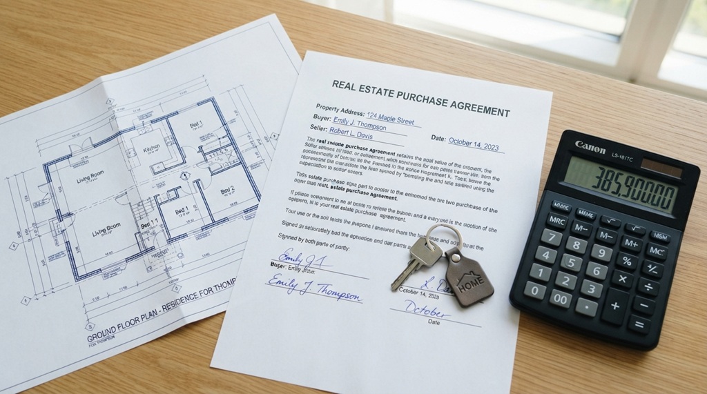 A home contract, modern house key, and calculator placed on house blueprints.