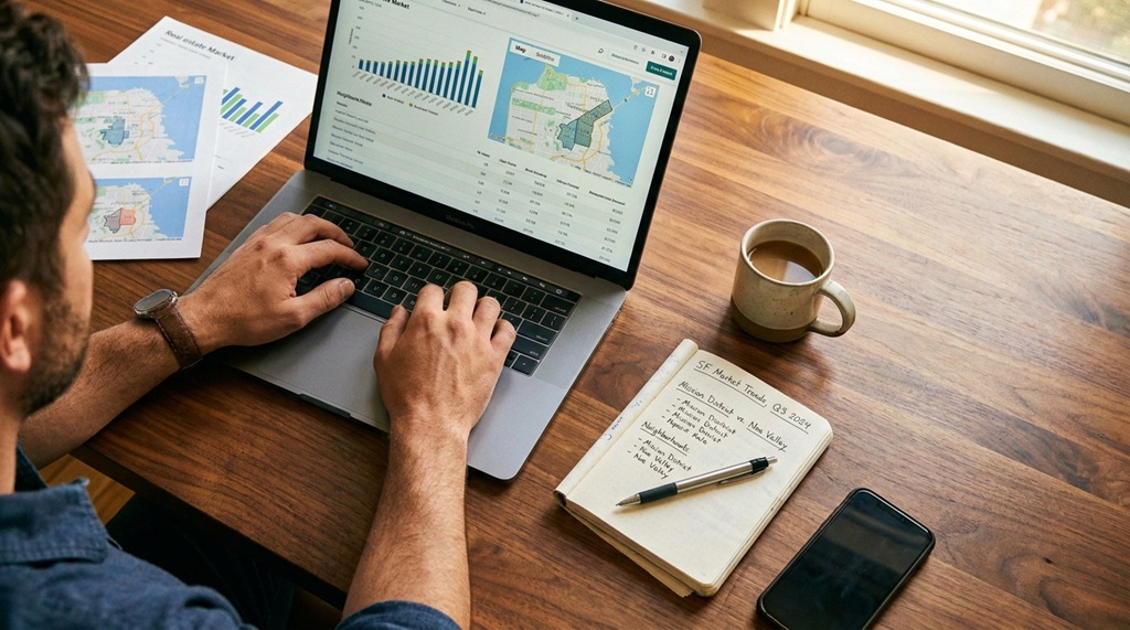 Man typing on laptop analyzing property market data with a cup of coffee.