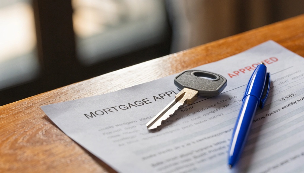 House key resting on top of an approved mortgage pre-approval application form.