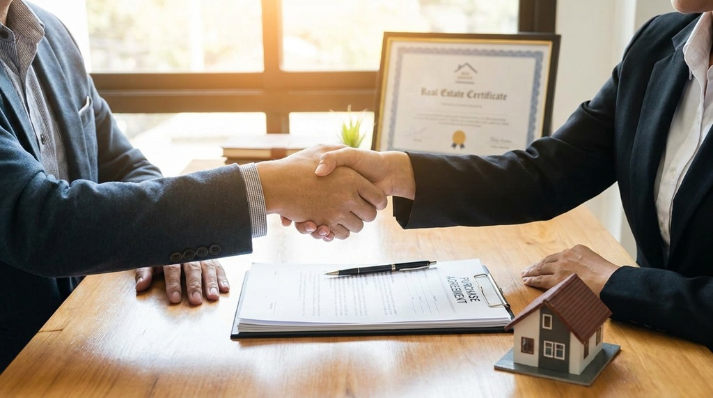 Man shaking hands with real estate agent across desk over property documents.