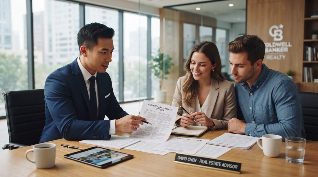 A male real estate agent reviews contract documents with clients at a desk.