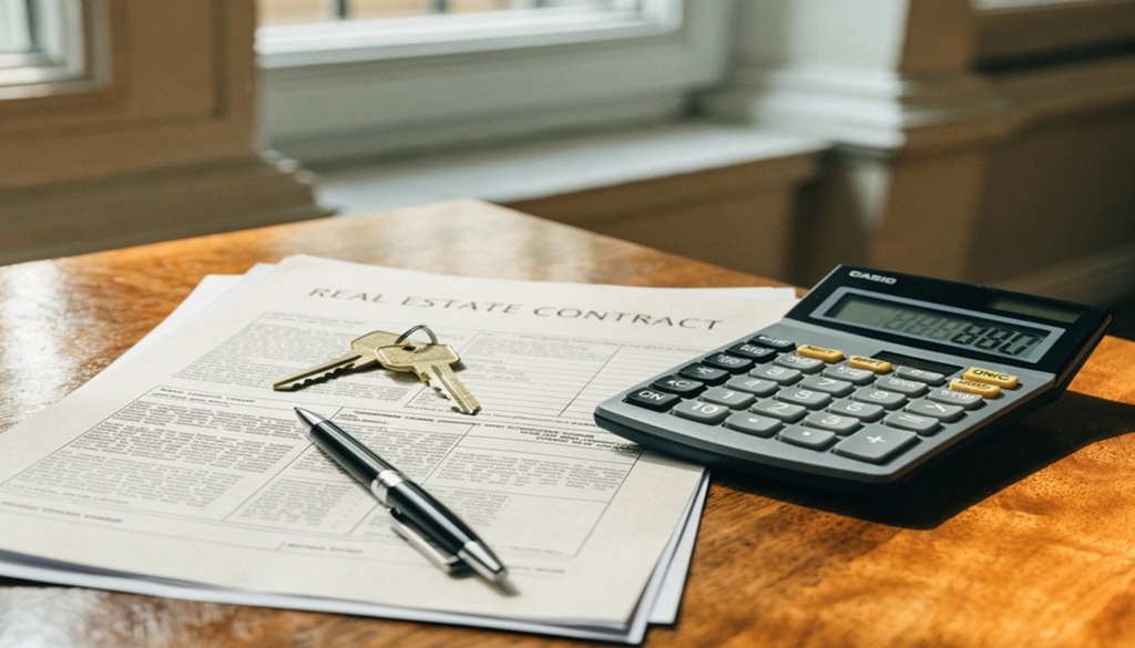 House keys and a calculator resting on a signed rental property agreement.