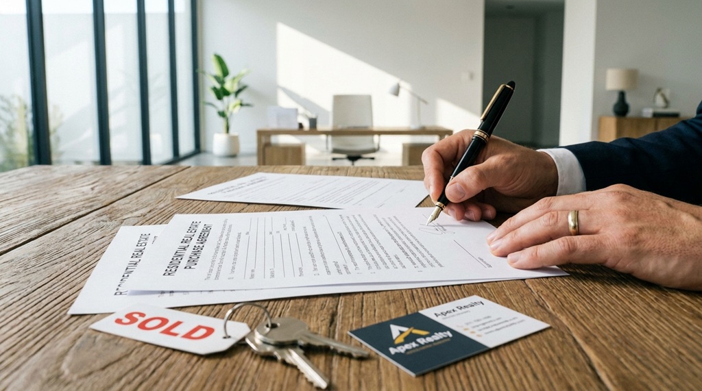 Buyer signing official real estate purchase contract documents on table.