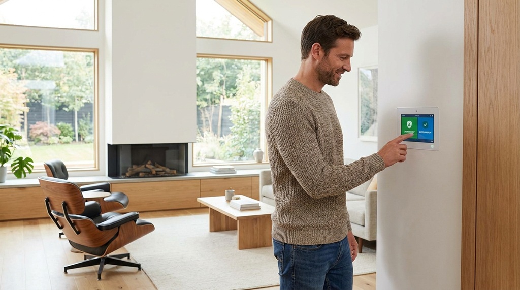 A man operating a smart home security panel mounted on wall.